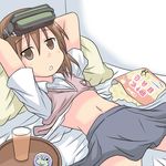  bed brown_eyes brown_hair chips drink food glass head_mounted_display lee_(monsterheart) lying midriff misaka_imouto misaka_imouto_9982 navel on_back on_bed potato_chips school_uniform shirt_lift short_hair solo sweater_vest to_aru_majutsu_no_index tray 