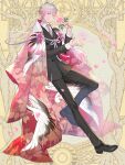  1boy black_jacket black_pants black_shoes black_suit buttoned_cuffs buttons collared_shirt crane_print cross-laced_shoes dairoku_ryouhei dress_shoes falling_petals floral_print floral_print_kimono flower gradient_clothes gradient_kimono grey_hair grey_necktie hands_up holding holding_flower infospikee jacket japanese_clothes kimono kimono_on_shoulders long_sleeves looking_at_viewer male_focus multicolored_hair musical_note necktie open_hand pants parted_lips peony_(flower) petals pink_eyes pink_flower pink_hair pink_kimono print_kimono red_kimono shirt shoes short_hair sideways_glance smile solo standing standing_on_one_leg streaked_hair suit suit_jacket sweater_guard tassel white_shirt wispy_bangs 