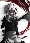  bad_id bad_pixiv_id blood braid covering_mouth glowing glowing_eyes grey izayoi_sakuya knife kushou red_eyes scarf short_hair silver_hair solo touhou twin_braids 