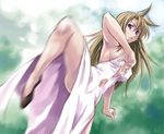  armpits black_footwear blonde_hair breasts covered_nipples diamond_(shape) dress high_kick kicking large_breasts leg_lift legs long_hair lowres madlax madlax_(character) maruto! motion_blur navel navel_cutout outdoors purple_eyes side_slit sideboob solo white_dress 