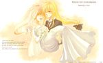  artist_name blonde_hair blush bride carrying character_name closed_eyes copyright_name cosmic_(crownclowncosmic) dress english fate_testarossa formal good_end happy highres long_hair lyrical_nanoha mahou_shoujo_lyrical_nanoha_strikers multiple_girls pant_suit princess_carry red_hair side_ponytail suit takamachi_nanoha wallpaper watermark web_address wedding wedding_dress wife_and_wife yuri 