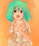  :d bad_id bad_pixiv_id bare_shoulders blush collarbone dress green_hair looking_at_viewer macross macross_frontier open_mouth ranka_lee red_eyes short_hair smile solo upper_body yellow_dress 