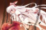  bamboo bamboo_forest fire forest fujiwara_no_mokou leaf long_hair long_sleeves makkuroh_(pixiv) nature pants pose profile red_eyes ribbon shirt smile smirk solo torn_clothes touhou very_long_hair white_hair white_shirt wind 