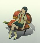  blouse braid copyright_request couch green_eyes green_hair knee_brace looking_up miniskirt necktie pleated_skirt school_uniform sitting skirt smile socks solo tashiro_hokekyo twin_braids twintails 