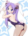  animal_ears armpits ass back backless_outfit bent_over blue_eyes blush breasts bunny_ears bunny_girl bunny_tail bunnysuit cameltoe covered_nipples embarrassed fishnet_pantyhose fishnets from_behind frown hair_ribbon hiiragi_kagami long_hair looking_back lucky_star pantyhose purple_hair ribbon shiny shiny_clothes small_breasts solo star sweatdrop tail tanuki_yousuke tsurime twintails wrist_cuffs 