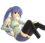  bare_shoulders blue_hair copyright_request green_shirt long_hair ponytail shirt sleeveless sleeveless_turtleneck solo sweater thighhighs turtleneck xration 