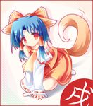  ai_takurou animal_ears blue_hair fox_ears hakurei_reimu japanese_clothes kemonomimi_mode kimono ribbon solo tail touhou 