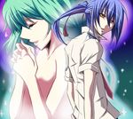  1girl bad_id bad_pixiv_id blue_hair closed_eyes collarbone dress_shirt kujou_ichiso light looking_at_viewer macross macross_frontier necktie nude own_hands_together ponytail ranka_lee red_neckwear saotome_alto shirt short_sleeves star upper_body white_shirt 