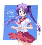  hair_ribbon hiiragi_kagami long_hair lucky_star midriff oyu pink_neckwear pleated_skirt purple_eyes purple_hair ribbon ryouou_school_uniform school_uniform serafuku skirt smile solo tsurime twintails wind 