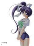  itou_noemi long_hair no_pants one-piece_swimsuit purple_hair saano_chia school_swimsuit school_uniform side_ponytail solo swimsuit swimsuit_under_clothes very_long_hair with_you 
