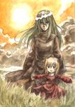  animal_ears child dress field grass head_wreath kouno_hikaru long_hair memusu multiple_girls open_mouth smile sun sunset tengen_toppa_gurren_lagann traditional_media tsuuma watercolor_(medium) wind 