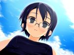  artist_request blue_eyes breasts cloud day face from_below game_cg glasses happy looking_down medium_breasts purple_hair short_hair sky solo sukumizu_2 yasukouchi_kae 