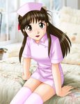  bed brown_hair copyright_request neopure nurse pink_legwear solo thighhighs 