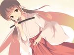  beige_background blush covering_mouth dutch_angle hakama holding japanese_clothes long_sleeves looking_at_viewer miko original red_hakama sakusaku simple_background smile solo wide_sleeves 