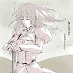  alternate_hairstyle artoria_pendragon_(all) beige closed_eyes dress fate/stay_night fate_(series) hair_down hands_on_hilt long_hair monochrome nana_g saber solo translated 