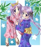  blue_kimono floral_print hiiragi_kagami hiiragi_tomoka hiiragi_tsukasa japanese_clothes kimono lucky_star multiple_girls pink_kimono print_kimono yukata 