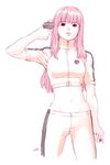  copyright_request crop_top gun gun_to_head handgun holding holding_gun holding_weapon lipstick long_hair makeup midriff navel parted_lips pink_hair pistol short_sleeves solo suicide tanaka_kunihiko track_suit turtleneck weapon 