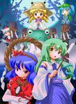  :3 animal_ears chibi cucumber frog gohei hair_ornament hat inubashiri_momiji kawashiro_nitori kochiya_sanae leaf_hair_ornament michii_yuuki moriya_suwako multiple_girls o_o riding rope shimenawa tail tokin_hat touhou wolf_ears wolf_tail yasaka_kanako 