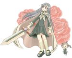  brown_eyes brown_legwear cape fukuzawa_yumi full_body holding holding_sword holding_weapon long_hair long_sleeves maria-sama_ga_miteru mary_janes multiple_girls ogasawara_sachiko ribbon shoes silver_hair simple_background standing sword thighhighs tsunpun unsheathed very_long_hair weapon white_background zettai_ryouiki 