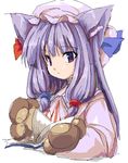  animal_ears blue_ribbon book cat_ears cat_paws hair_ribbon imuraya_ayuka kemonomimi_mode long_hair looking_at_viewer patchouli_knowledge paws purple_eyes purple_hair red_ribbon ribbon simple_background sketch solo striped touhou vertical_stripes white_background 