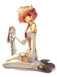  aoi_yuuji copyright_request earrings elbow_gloves fingerless_gloves gloves high_heels horns jewelry midriff necktie pink_hair red_eyes shoes short_hair solo sword thighhighs weapon white_legwear zettai_ryouiki 