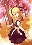  blonde_hair cherry_blossoms forest hair_ribbon hisasi jewelry long_hair looking_back nature original outdoors petals red_eyes ribbon ring smile solo tree 
