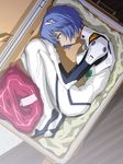  ayanami_rei bangs blue_hair bodysuit box bracer breasts covered_nipples curled_up dutch_angle fetal_position fey_(unknown_artist) folded from_above from_side full_body gloves hair_between_eyes hair_ornament hand_on_own_knee highres in_box in_container indoors lying neon_genesis_evangelion on_side parted_lips pilot_suit plugsuit profile rug short_hair skinny small_breasts solo suitcase turtleneck white_bodysuit wooden_floor 