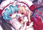  :d ascot bat_wings blonde_hair blue_hair crystal dress fang flandre_scarlet hat hat_ribbon hug kiira looking_at_viewer multiple_girls one_side_up open_mouth red_eyes remilia_scarlet ribbon short_hair siblings sisters smile touhou wings 