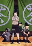  akamaru_(naruto) artist_request bench crossed_arms curtains fishnet_top headband highres hyuuga_neji inuzuka_kiba leaning_forward logo looking_at_viewer male_focus multiple_boys nara_shikamaru naruto naruto_(series) official_art ponytail rock_lee saliva scan sidelocks sitting standing toes 