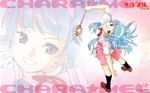  bangs blue_hair blunt_bangs brown_eyes charamel dress fujishima_kousuke hairband highres kannagi kneehighs long_hair nagi school_uniform smile socks solo wallpaper wand zoom_layer 