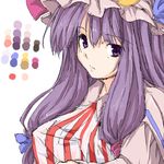  breasts imuraya_ayuka large_breasts long_hair patchouli_knowledge purple_eyes purple_hair shirt solo striped taut_clothes taut_shirt touhou upper_body 