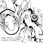  closed_eyes digital_media_player gou_(double_trigger) greyscale headphones ipod long_hair lowres monochrome multiple_girls original short_hair 