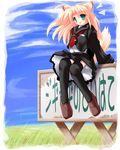  ai_takurou animal_ears black_legwear blonde_hair blue_sky day full_body original school_uniform sky solo tail thighhighs 