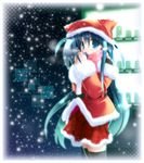  ai_takurou animal_hat black_legwear blue_eyes blue_hair breath can christmas cowboy_shot hat hits long_hair looking_at_viewer merry_christmas original santa_costume santa_hat scarf skirt snowing solo thighhighs very_long_hair 