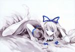  adjusting_hair bed blue blue_nails cradle_(artist) elbow_gloves gloves highres lying misaki_kurehito monochrome nail_polish no_hat no_headwear on_stomach pale_skin scan solo spot_color thighhighs touhou white_legwear yakumo_yukari 