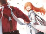  1girl bad_id bad_pixiv_id blonde_hair blush brown_hair closed_eyes collet_brunel holding_hands laughing lloyd_irving long_hair mitsugo red_shirt shirt tales_of_(series) tales_of_symphonia 