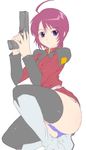  ahoge black_legwear boots caryo gun gundam gundam_seed gundam_seed_destiny knee_boots lunamaria_hawke military military_uniform one_knee panties pantyshot pink_hair purple_eyes purple_panties short_hair skirt solo tabigarasu thighhighs underwear uniform weapon 