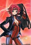  blue_eyes bodysuit breasts bullpup cleavage code_geass flipped_hair gun headband kallen_stadtfeld medium_breasts official_art order_of_the_black_knights_uniform red_bodysuit red_hair shiny shiny_clothes short_hair skin_tight solo u.g.e. weapon 