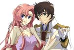  1girl bad_id bad_pixiv_id blue_eyes brown_hair code_geass dress euphemia_li_britannia flower holding_hands kururugi_suzaku long_hair lowres pink_hair rose sasaki_yuki 