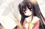  black_hair bow bowtie catbell frills holding houraisan_kaguya long_hair long_sleeves looking_at_viewer plant red_eyes solo touhou upper_body very_long_hair white_bow white_neckwear 