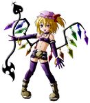  bare_shoulders blonde_hair boots choker cosplay disgaea elbow_gloves etna etna_(cosplay) flandre_scarlet flat_chest full_body gloves hat laevatein legs_apart looking_at_viewer makai_senki_disgaea midriff miniskirt navel one_side_up open_mouth purple_legwear red_eyes sd-sos simple_background skirt solo standing thighhighs touhou white_background wings 