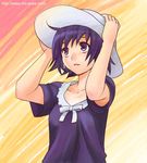  :d armpit_peek arms_up black_hair black_shirt collarbone hands_on_headwear hat mattaku_mousuke open_mouth original puffy_short_sleeves puffy_sleeves purple_eyes shirt short_hair short_sleeves simple_background smile solo sun_hat up_sleeve yellow_background 