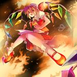  blonde_hair fire flandre_scarlet hat myaaco ponytail ribbon short_hair solo touhou wings 