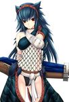  armor blue_hair fishnets hairband kizuki_aruchu long_hair midriff monster_hunter nargacuga_(armor) navel red_eyes solo weapon 