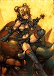  blonde_hair copyright_request elbow_gloves fcp gloves horns kiseru molten_rock monster pipe solo thighhighs 