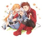  2boys bad_id bad_pixiv_id blonde_hair blush boots brown_eyes brown_hair closed_eyes collet_brunel genius_sage hug knee_boots lloyd_irving long_hair mitsugo multiple_boys pantyhose red_shirt shirt silver_hair tales_of_(series) tales_of_symphonia 