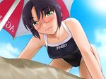  beach cloud day game_cg glasses kiriyama_taichi one-piece_swimsuit outdoors sand sky soga_kaede solo sweet_home swimsuit umbrella 