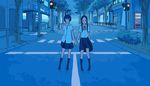  blue convenience_store crosswalk holding_hands legs multiple_girls night original purimari road shop skirt socks street traffic_light vanishing_point vending_machine 