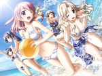  ashita_no_kimi_to_au_tame_ni beach bikini blonde_hair blue_hair blue_sarong brown_hair day frilled_bikini frills game_cg gun izumi_saya kurashima_tomoyasu mikaze_rika multiple_girls nanami_mina non-web_source one-piece_swimsuit one_eye_closed outdoors pink_hair print_sarong sarong school_swimsuit splashing swimsuit wakamiya_asuka water water_gun weapon yuugiri_ruriko 