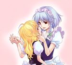  blonde_hair blush breath eye_contact hand_on_another's_face height_difference holding_hands izayoi_sakuya kirisame_marisa kiss lavender_hair long_hair looking_at_another maid matilda multiple_girls naughty_face ribbon saliva short_hair simple_background touhou upper_body yuri 
